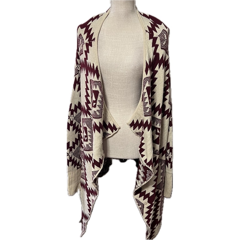 Kate Collection Burgundy/Cream Print Open Shawl Cardigan Sweater Sz S